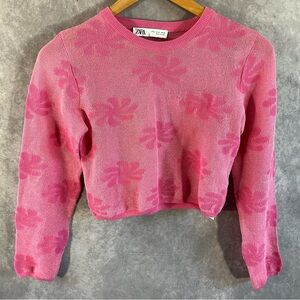 ZARA Cropped Sweater Womens Small Light Pink Floral Knit Semi Sheer Long Sleeve